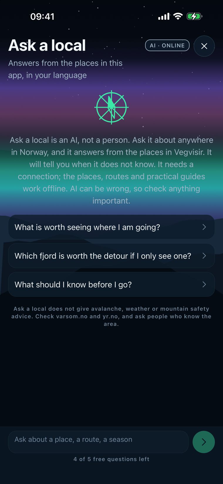 The Explore screen in Vegvisir: 330 places, a search field, Ask a local and places picked for the month
