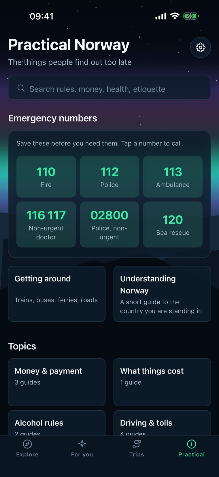 The Practical Norway screen with emergency numbers and topics such as money, what things cost, alcohol rules and driving